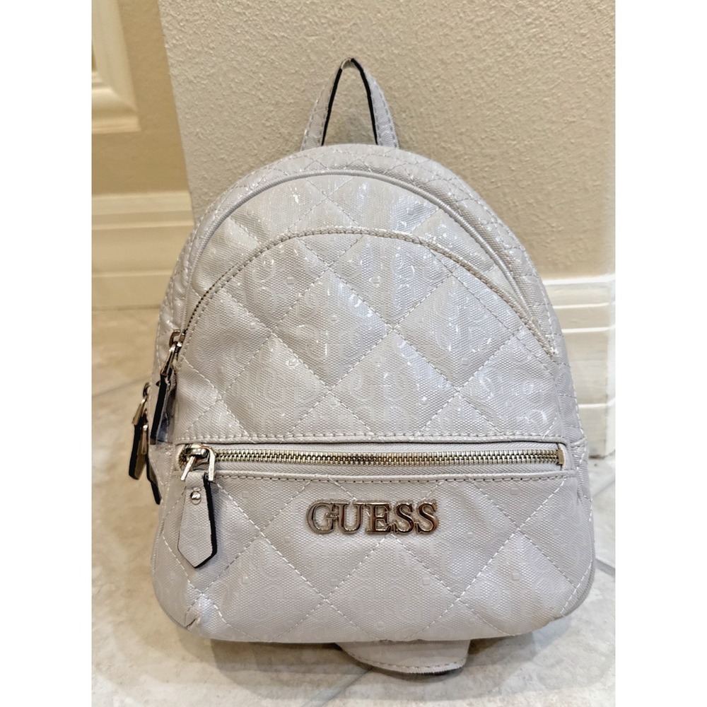 VTG GUESS Light Gray Wiloma Shine Logo Quilted Backpack Purse School Y2K**See